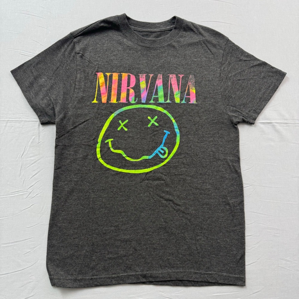 Nirvana Graphic Tee Mens Medium Charcoal Grey Neon Tie Dye Smiley Face T-Shirt